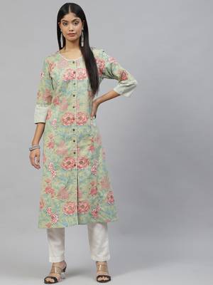 Olive printed cotton ethnic-kurtis 1