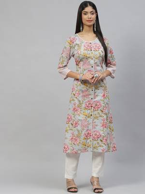 Sky-blue printed cotton ethnic-kurtis 1
