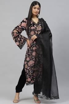 Black floral print velvet salwar