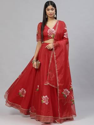 Red floral print organza stitched lehenga 1