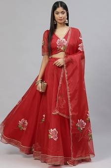 Red floral print organza stitched lehenga