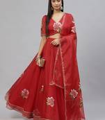 Red floral print organza stitched lehenga
