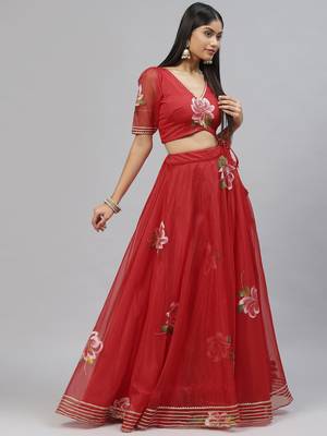 Red floral print organza stitched lehenga 2