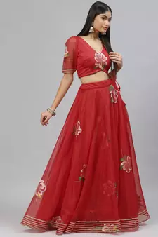 Red floral print organza stitched lehenga