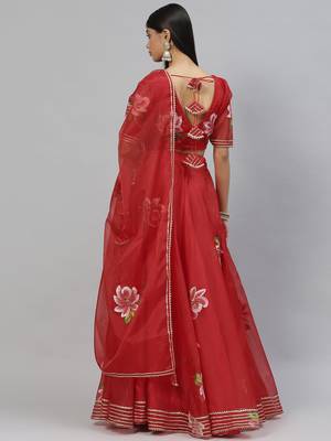 Red floral print organza stitched lehenga 3