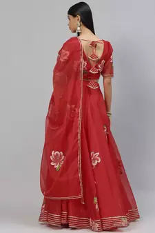 Red floral print organza stitched lehenga