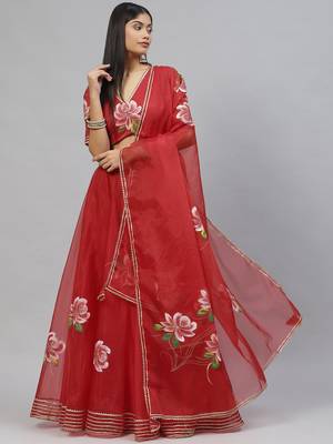 Red floral print organza stitched lehenga 4