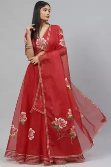 Red floral print organza stitched lehenga