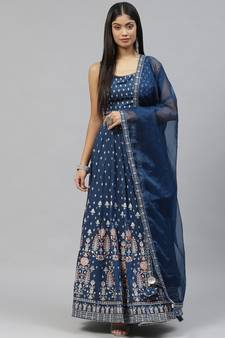 Blue floral print viscose stitched lehenga