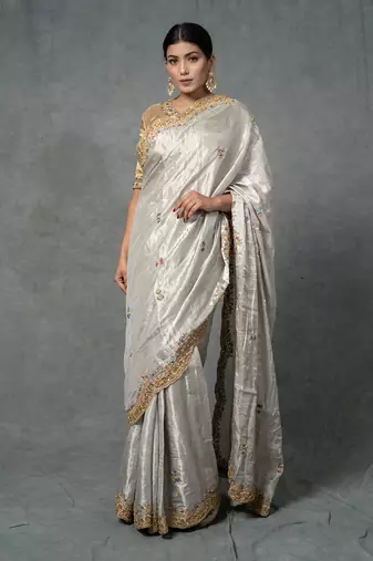 Golden Hand Embroidered Saree Set