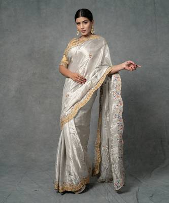 Golden Hand Embroidered Saree Set 3