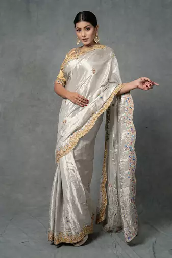 Golden Hand Embroidered Saree Set