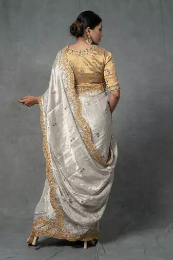 Golden Hand Embroidered Saree Set