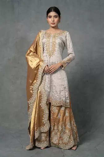 Golden Hand Embroidered Sharara Set