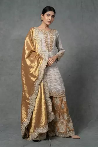 Golden Hand Embroidered Sharara Set