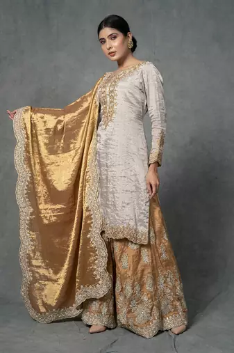 Golden Hand Embroidered Sharara Set