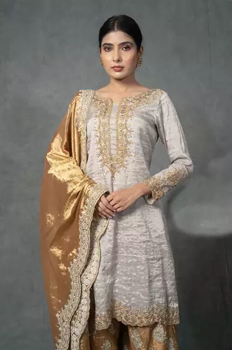 Golden Hand Embroidered Sharara Set