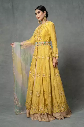 Butter Yellow Hand Embroidered Anarkali Set
