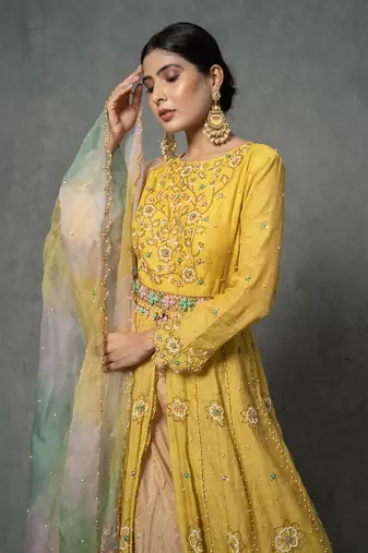Butter Yellow Hand Embroidered Anarkali Set