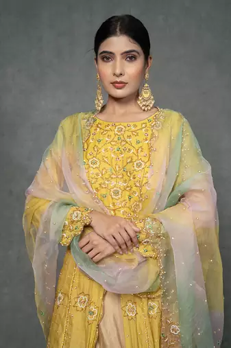 Butter Yellow Hand Embroidered Anarkali Set