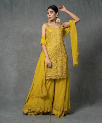 Yellow Hand Embroidered Sharara Set  3