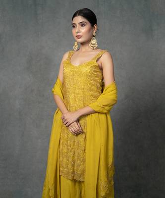 Yellow Hand Embroidered Sharara Set  5