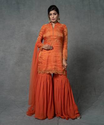 Orange Hand Embroidered Gharara Set 1