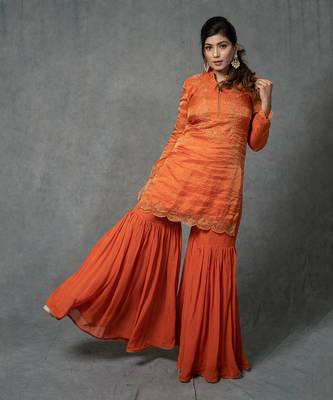 Orange Hand Embroidered Gharara Set 3