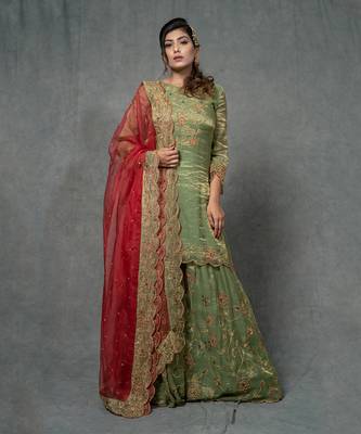 Green Hand Embroidered Sharara Set 1