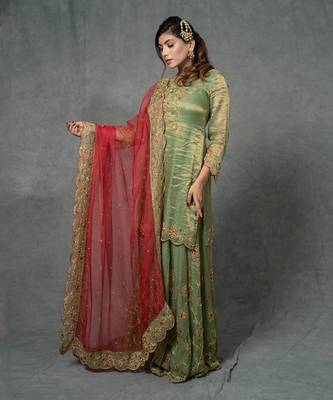 Green Hand Embroidered Sharara Set 2