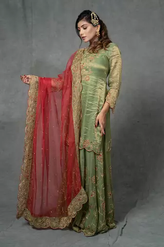 Green Hand Embroidered Sharara Set