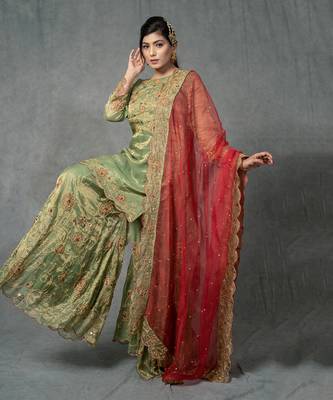 Green Hand Embroidered Sharara Set 4