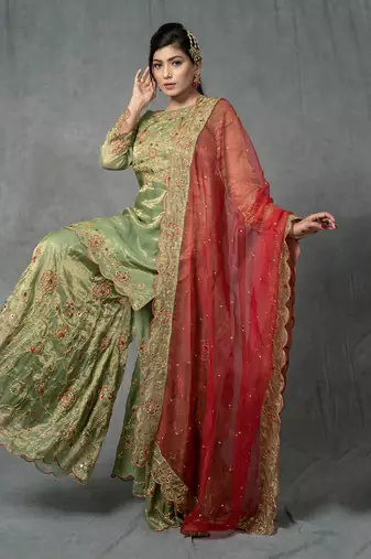 Green Hand Embroidered Sharara Set