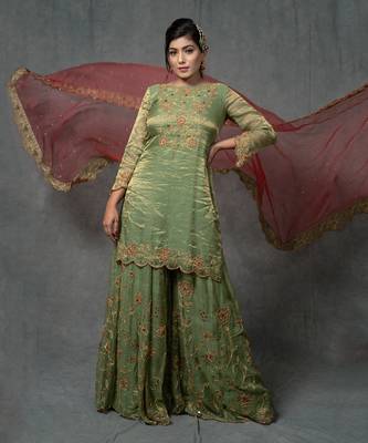 Green Hand Embroidered Sharara Set 6