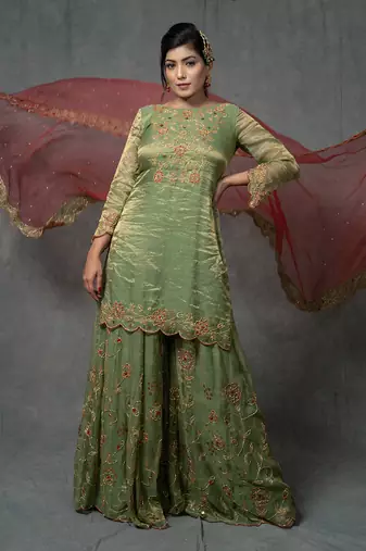 Green Hand Embroidered Sharara Set