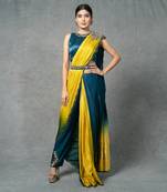 Blue & Yellow Hand Embroidered Pant Set With Belt