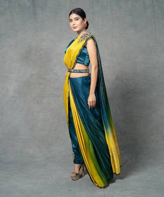 Blue & Yellow Hand Embroidered Pant Set With Belt 2