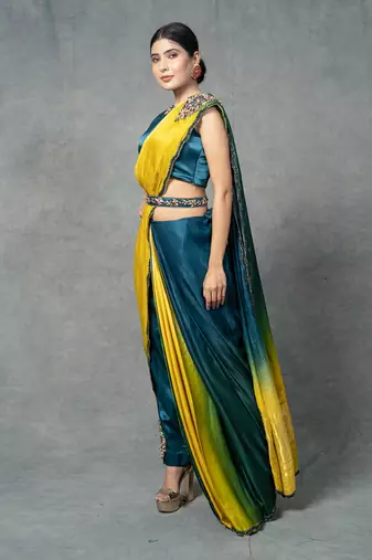 Blue & Yellow Hand Embroidered Pant Set With Belt
