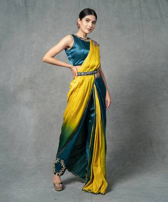 Blue & Yellow Hand Embroidered Pant Set With Belt 3