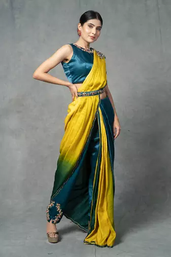 Blue & Yellow Hand Embroidered Pant Set With Belt