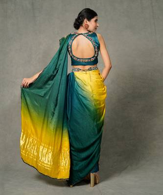 Blue & Yellow Hand Embroidered Pant Set With Belt 4