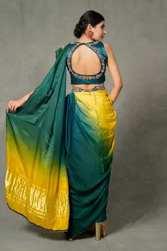 Blue & Yellow Hand Embroidered Pant Set With Belt