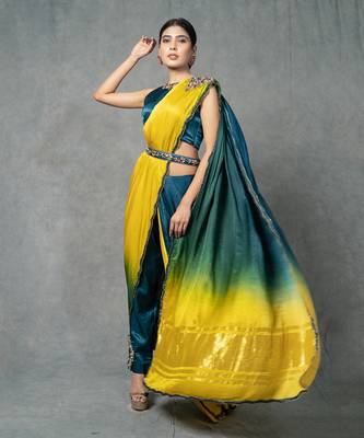 Blue & Yellow Hand Embroidered Pant Set With Belt 5
