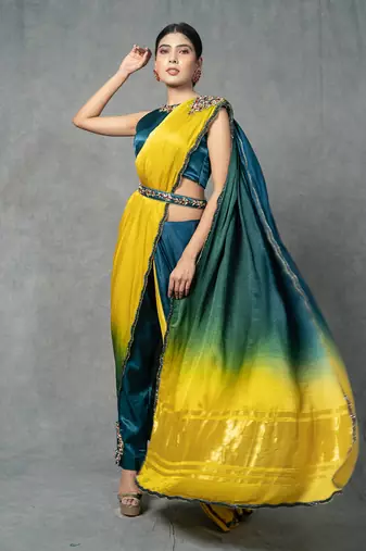 Blue & Yellow Hand Embroidered Pant Set With Belt