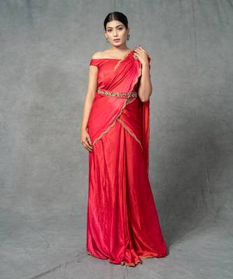 Red Hand Embroidered Drape Saree Set With Belt 1
