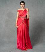 Red Hand Embroidered Drape Saree Set With Belt