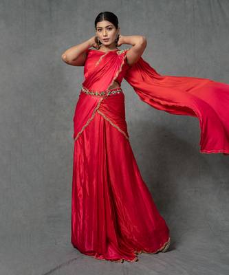 Red Hand Embroidered Drape Saree Set With Belt 2