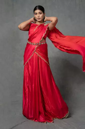 Red Hand Embroidered Drape Saree Set With Belt