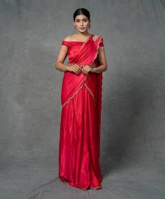 Red Hand Embroidered Drape Saree Set With Belt 3