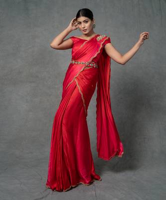 Red Hand Embroidered Drape Saree Set With Belt 5